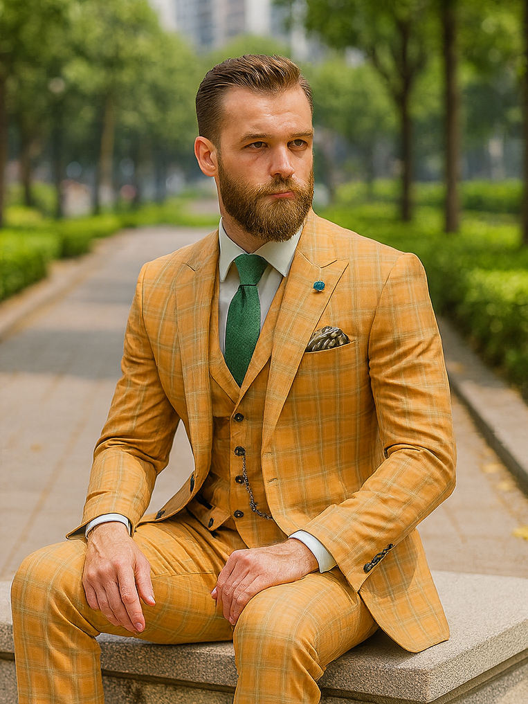 Elegant Yellow Check Suit for Men – Three-Piece Groom Outfit - 34 Short or Extra Small