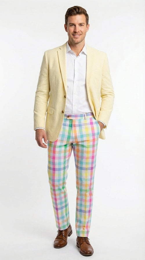 Mens Yellow Seersucker Blazer – Lightweight Summer Sport Coat Formal Casual Wedding Party Jacket
