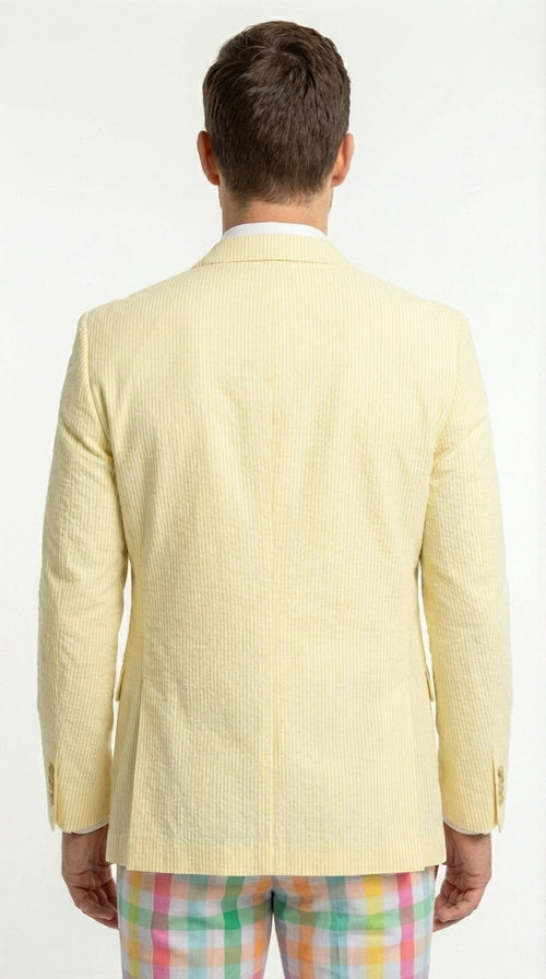 Mens Yellow Seersucker Blazer – Lightweight Summer Sport Coat Formal Casual Wedding Party Jacket