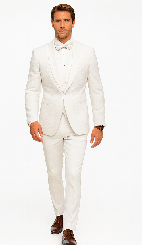 Mens Floral Lace White Tuxedo with Vest Premium Wedding Formal wear