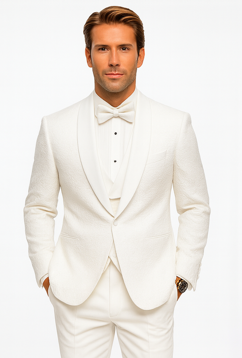 Mens Floral Lace White Tuxedo with Vest Premium Wedding Formal wear