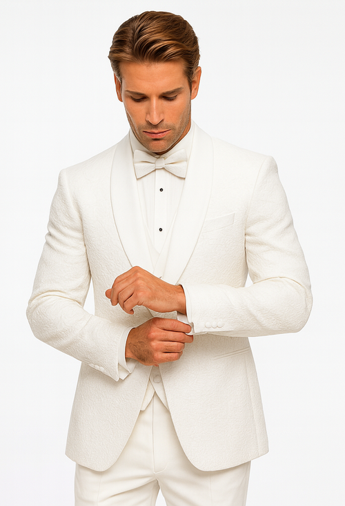 Mens Floral Lace White Tuxedo with Vest Premium Wedding Formal wear