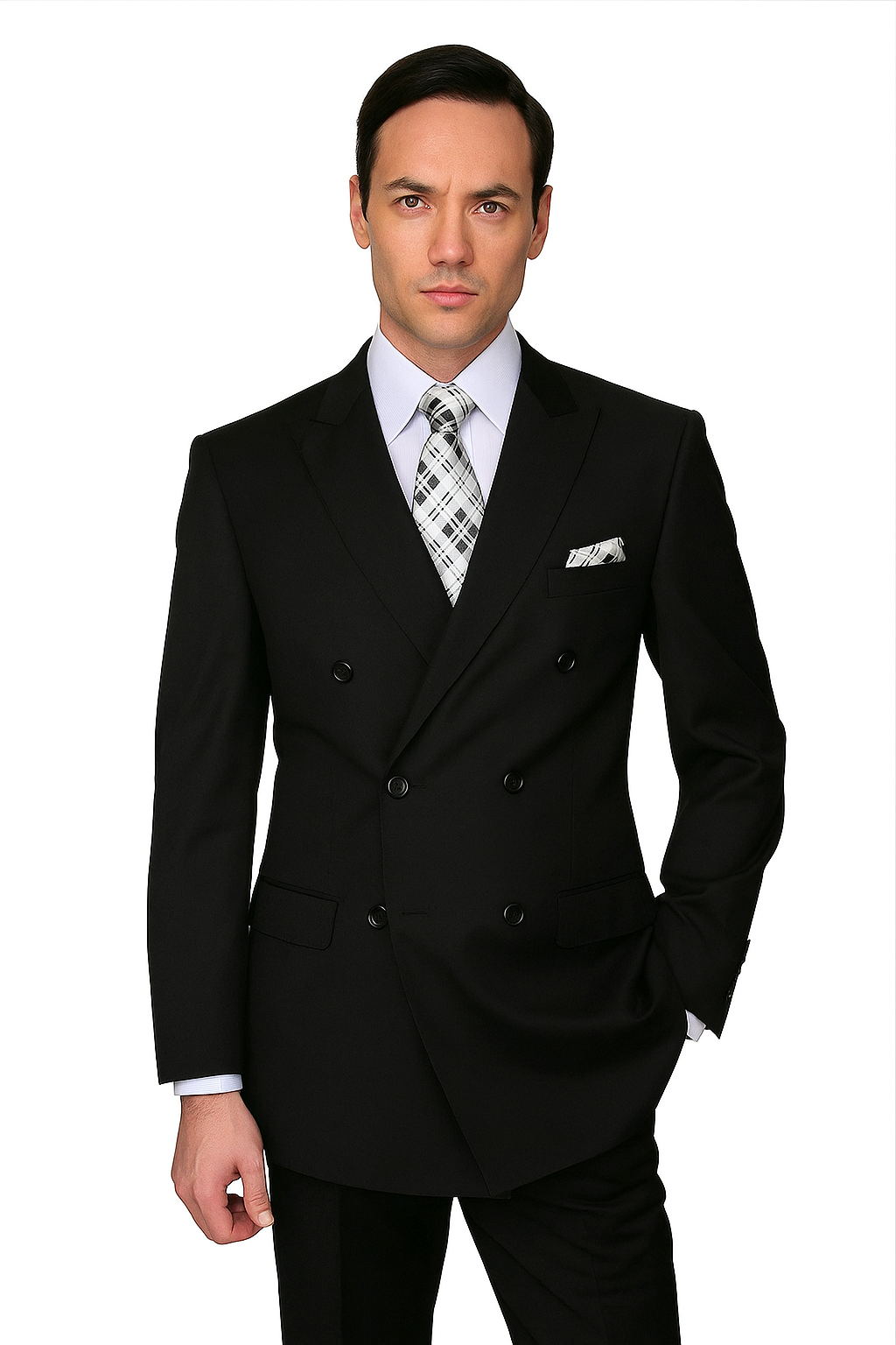 Mens Classic Wool Double Breasted Suit in Black - 38 Short Jacket+32 Waist Adjustable 28to34)(Height: 5 4 to5 7 )(Neck  15-16.5)S-M)