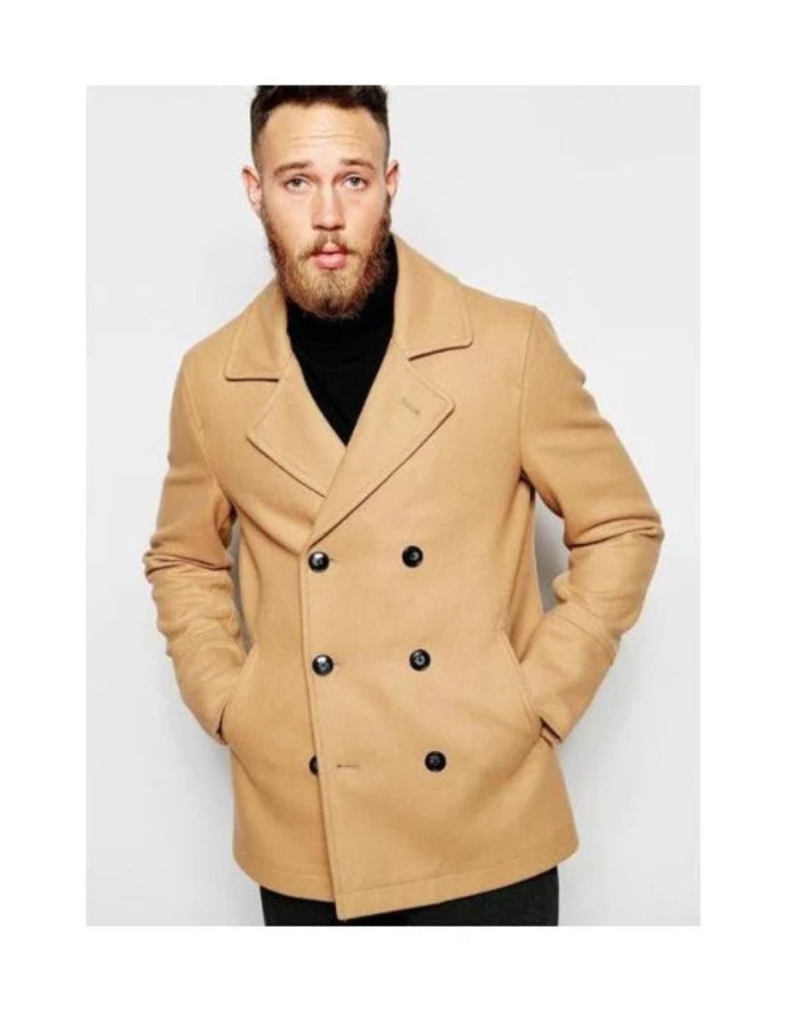 Mens Double Breasted Camel Peacoat Fabric - Coat Size 38