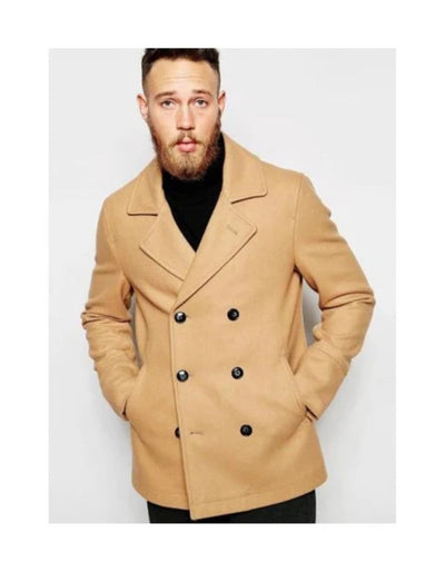 Mens Double Breasted Camel Peacoat Fabric