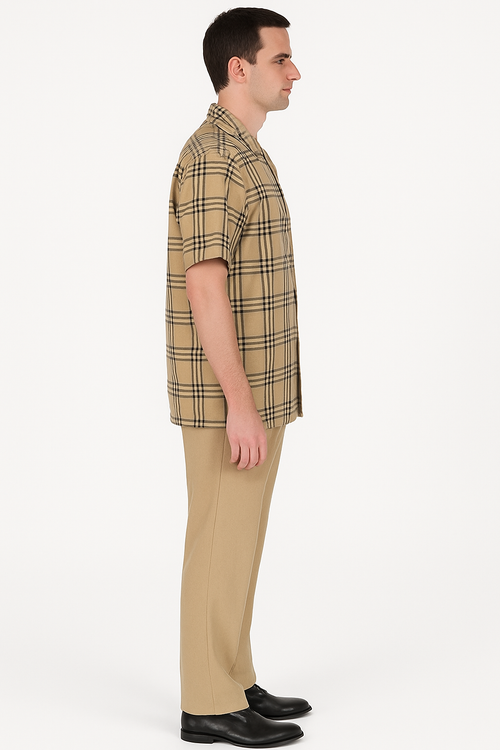 Beige Plaid Button-Up Shirt for Men – Casual to Semi-Formal
