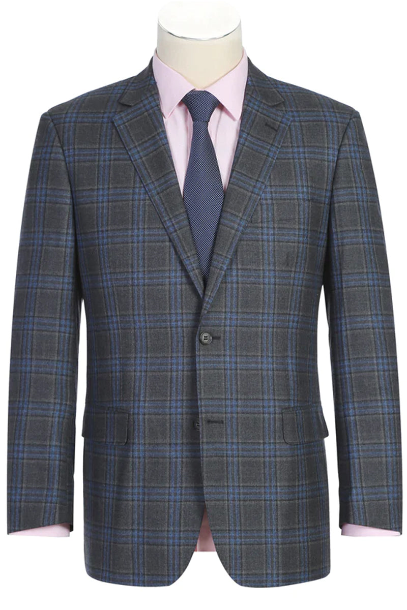 "Classic Fit Men's Wool Suit - Two Button Vested in Grey & Blue Windowpane Plaid"