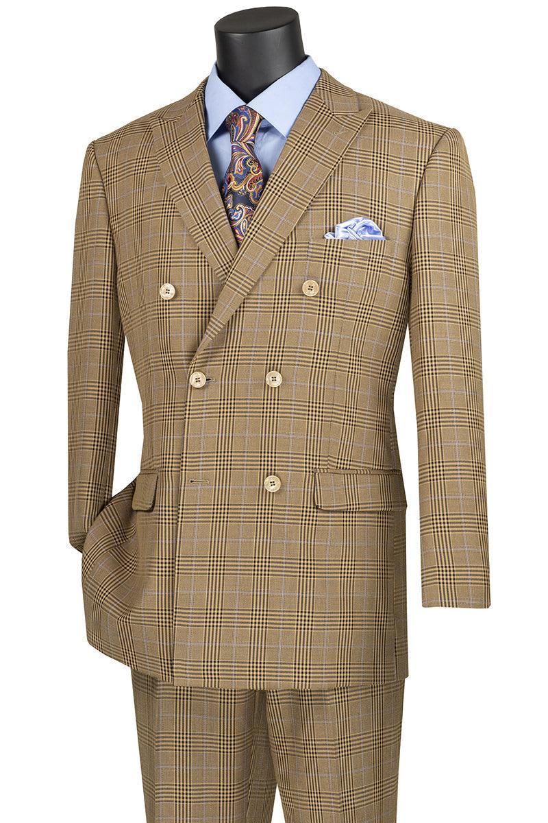 Mocha Windowpane Double Breasted Suit - 38 Short - 32 Waist