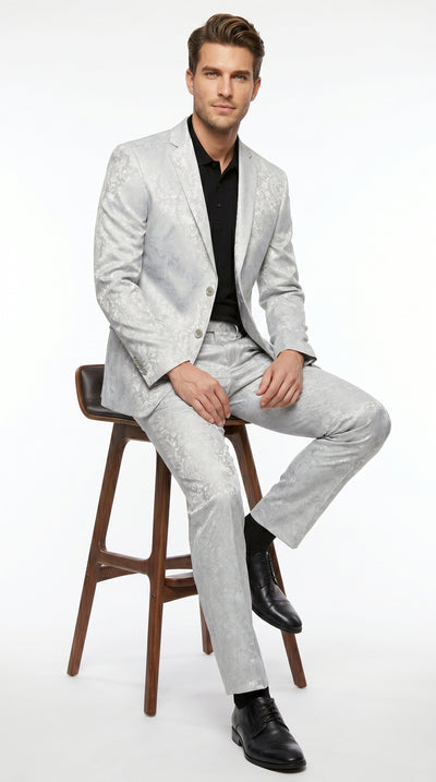 Men’s Silver Grey Paisley Wedding and Prom 2026 Suit with Jacket and Matching Pants