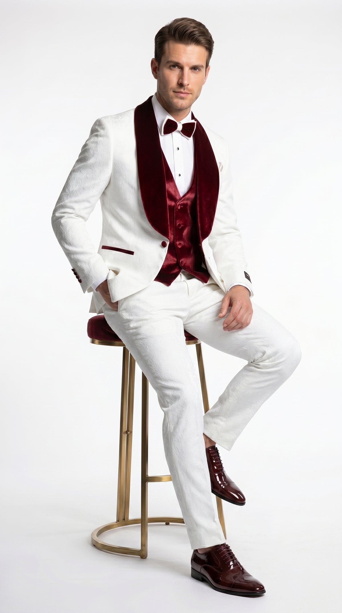 Men’s Gianni White and Burgundy Velvet Lapel 3 Piece Tuxedo, Formal Wedding Prom Suit