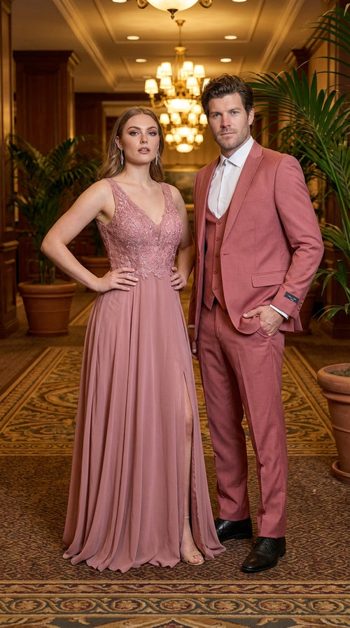 Mens Dusty Rose Three Piece Suit β Modern Formal 3PC Wedding and Prom Suit - Pink Coloe Modern Fit
