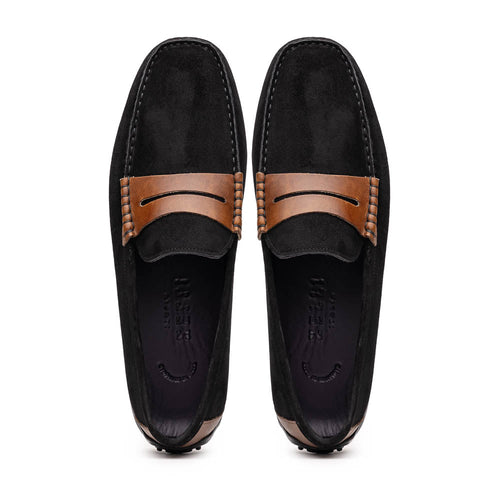 Zelli Monza Suede & Calfskin Driving Loafers in Black / Chestnut