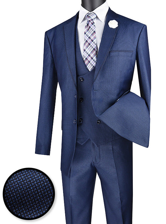 Birdseye Pattern Modern Fit 3 Piece Navy Suit with Contrast Trim - Navy