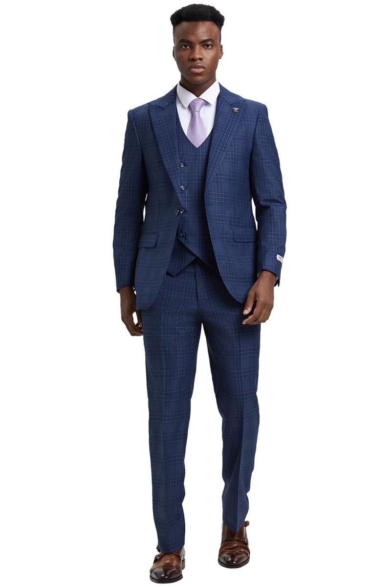 Men's Stacy Adams One Button Peak Lapel Double Breasted Vest Suit in Blue & Purple Plaid - 38 Regular