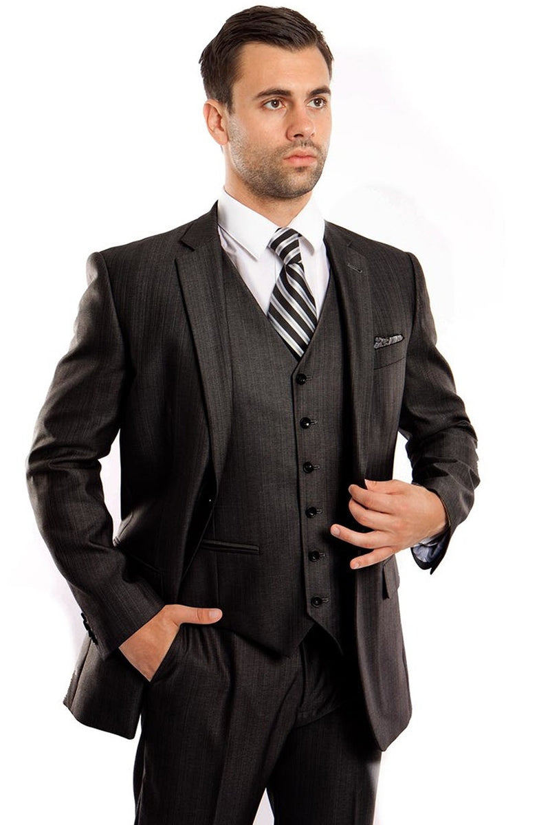 "Sharkskin Business Suit for Men - Two Button Vested in Steel Navy"