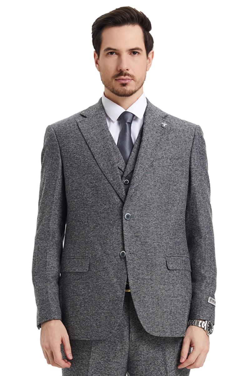 Men's Stacy Adams Vested Vintage Herringbone Tweed Suit in Grey - 38 Regular