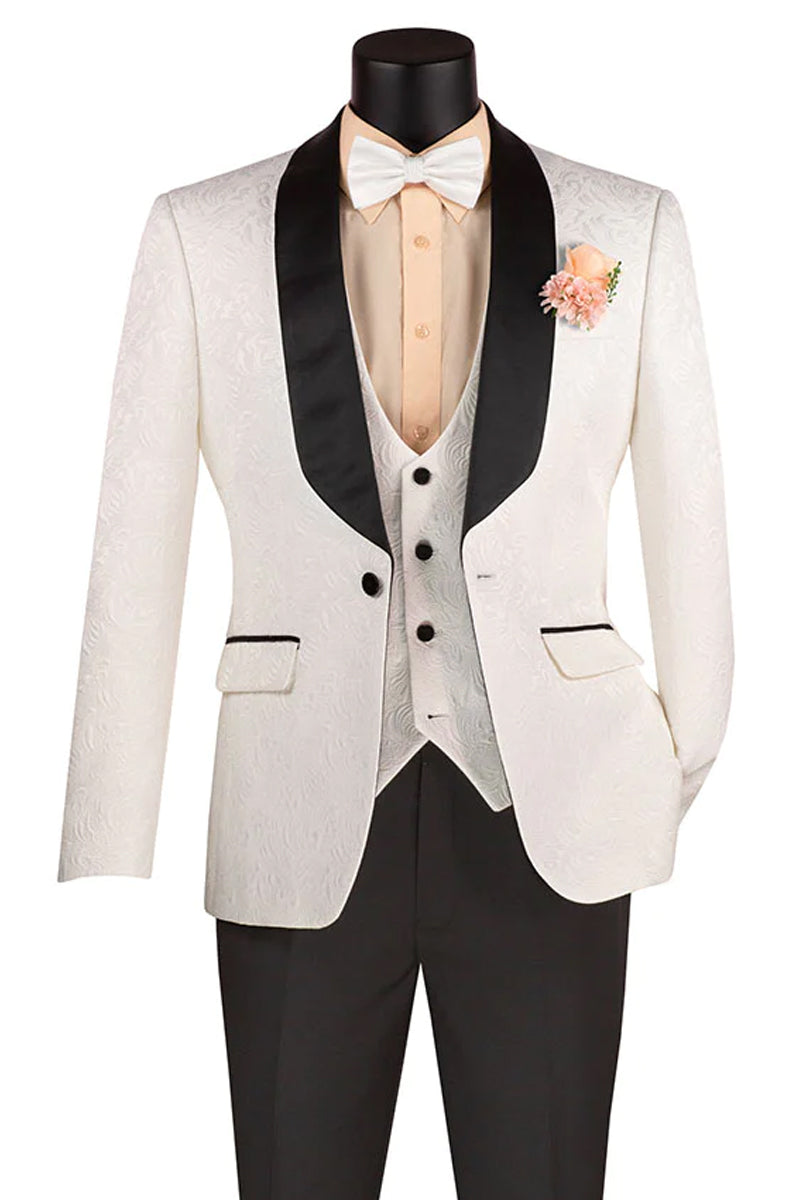 White Paisley Wedding Tuxedo - Men's Slim Fit Vested Suit