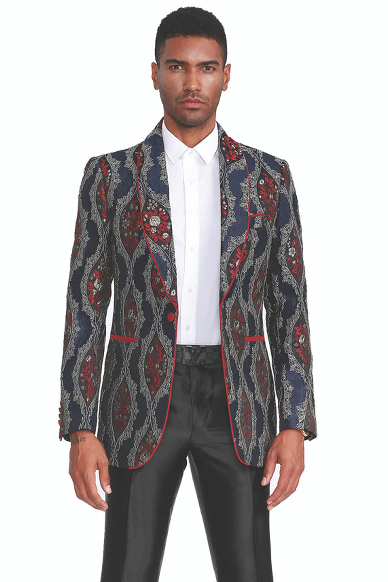 "PAISLEY BROCADE MEN'S DINNER JACKET - NAVY WITH RED PIPING"