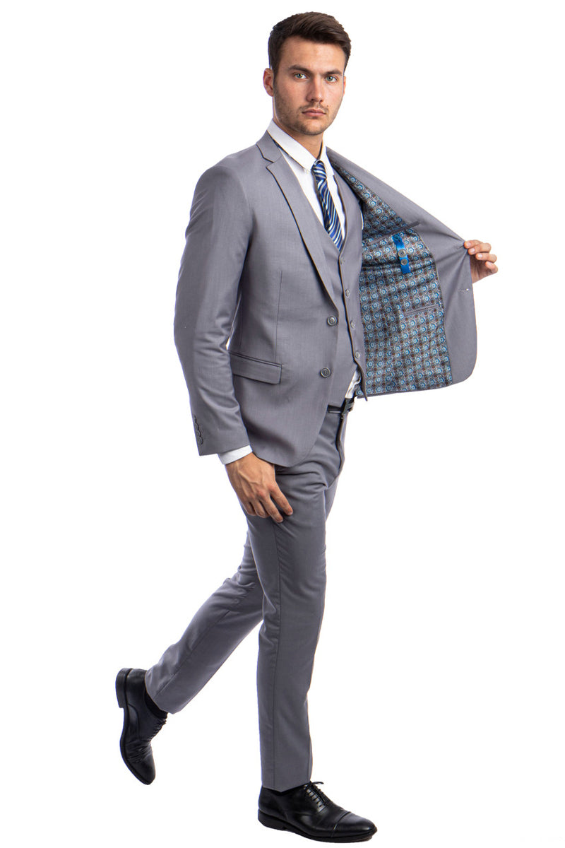 Grey Slim Fit Men's Suit - Two Button Vested Solid Basic Color - 34 Short