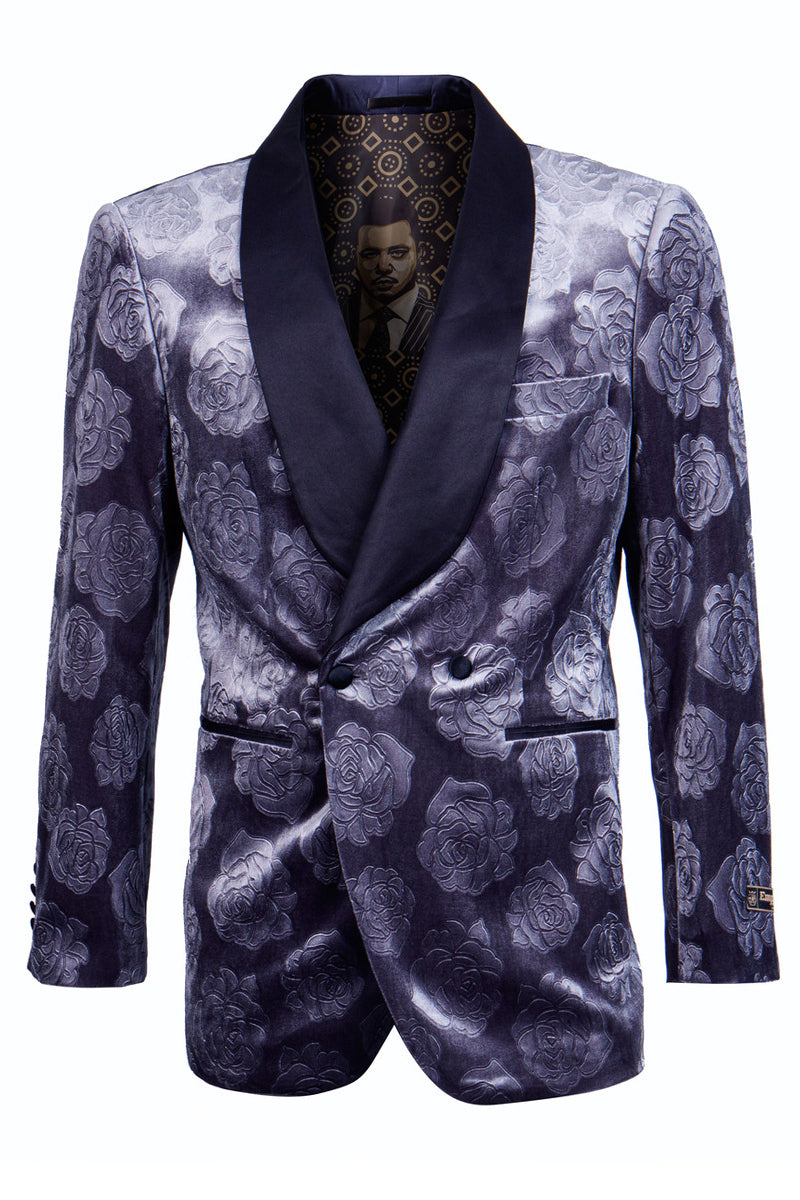 "Blue Velvet Smoking Jacket for Men - Double Breasted Floral Rose Print"