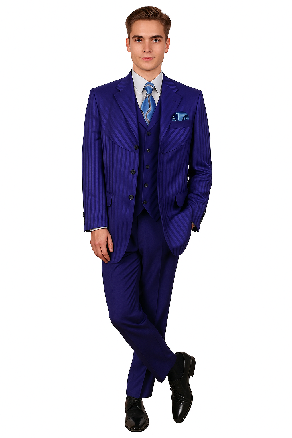 "Navy Blue Men's Shiny Tonal Stripe Fashion Suit - 4 Button Semi Wide Leg" - 38 Long