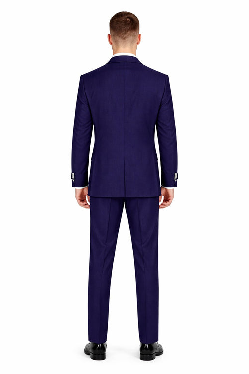 Mens Navy Blue Double Breasted Wool Suit with Signature Buckle Closure Designer Tailored Fit