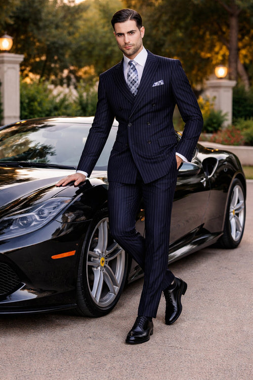 Men's Designer Double Breasted Wool Suit in Bold Navy Blue Gangster Pinstripe.