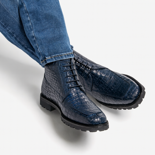 Navy Genuine Caiman Crocodile Belly Ankle Los Altos Boot-New Designer Collection