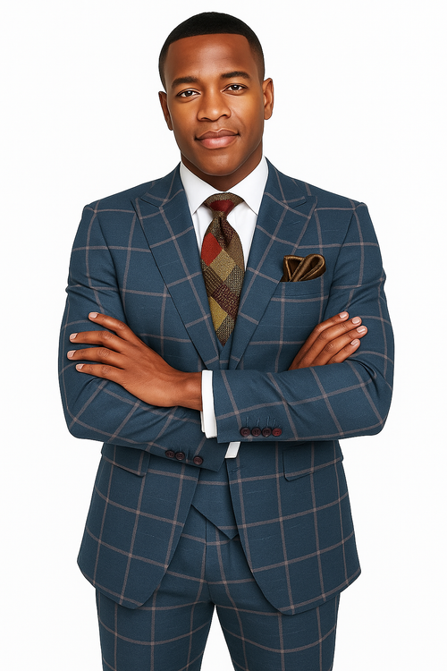 Rossiman Mens Navy & Gray Plaid Suit - Classic Windowpane Double-Breasted Design