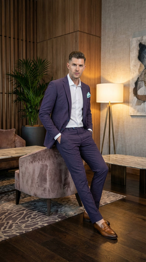 Mens Navy Blue Seersucker Suit β Cotton Fabric Shadow Pattern Ton on Tone Textured Two Button Notch Lapel Formal Summer Suit