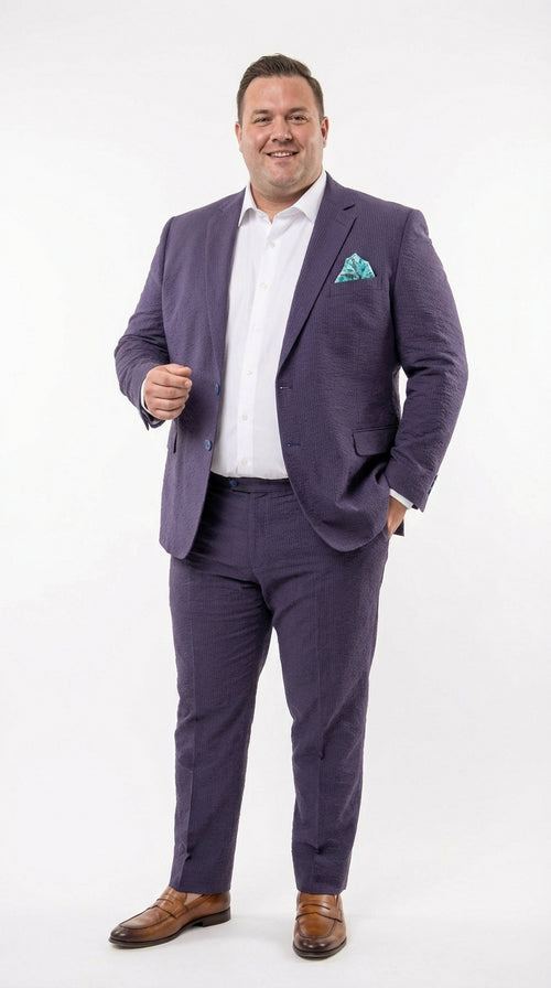 Mens Navy Blue Seersucker Suit β Cotton Fabric Shadow Pattern Ton on Tone Textured Two Button Notch Lapel Formal Summer Suit