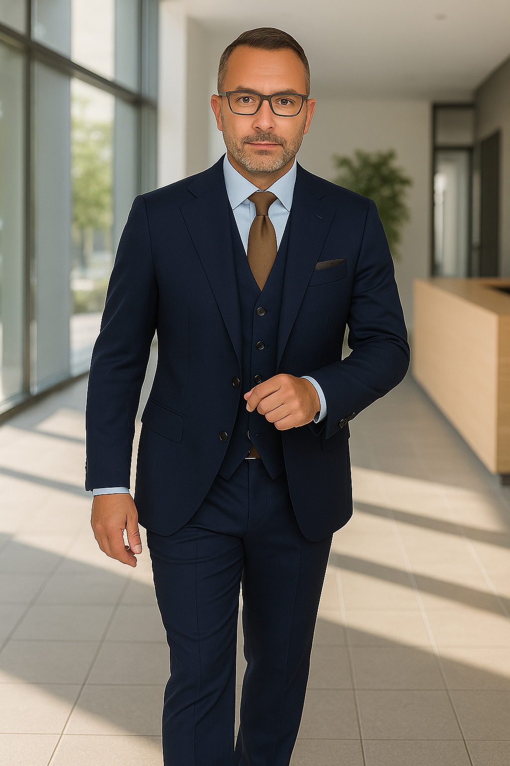 Wool Suit - Italian Made Business Suit by Statement Men's 3 Piece 100% Wool Fashion Suit - Herringbone Stripes - 38R