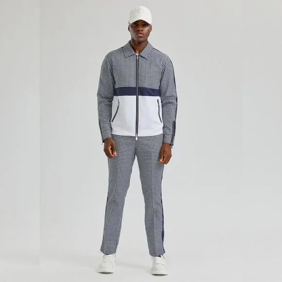 Walking Suit - Mens Houndstooth 2pc Navy Tracksuit - XS