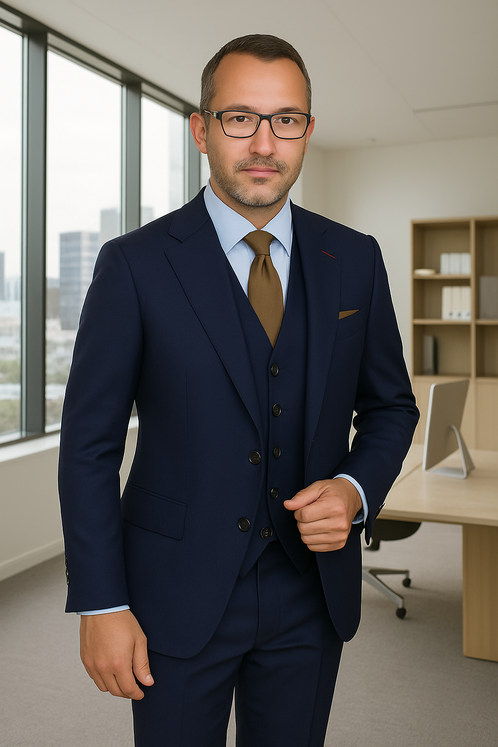 Wool Suit - Italian Made Business Suit by Statement Men's 3 Piece 100% Wool Fashion Suit - Herringbone Stripes - 38R