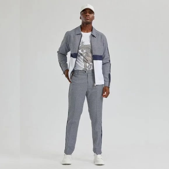 Walking Suit - Mens Houndstooth 2pc Navy Tracksuit - XS