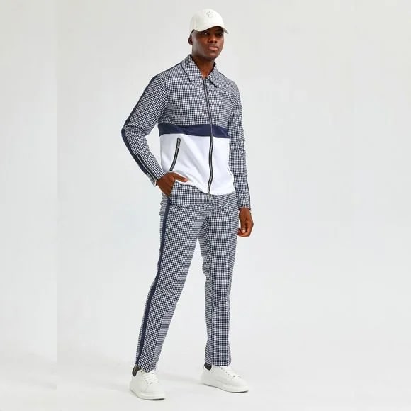 Walking Suit - Mens Houndstooth 2pc Navy Tracksuit - XS
