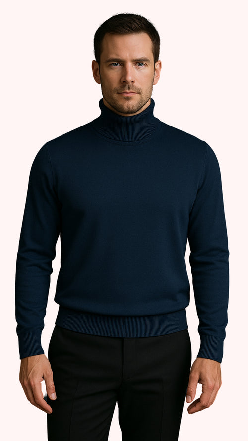 Men's Navy Blue Classic Turtleneck Sweater Lightweight Knit Pullover