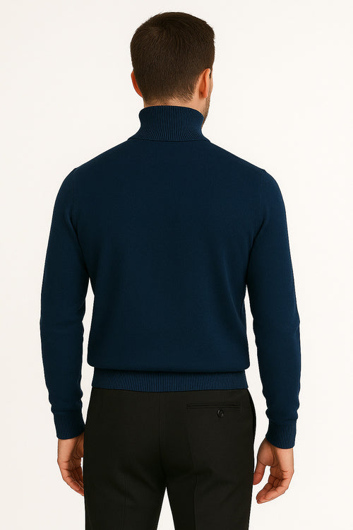 Men's Navy Blue Classic Turtleneck Sweater Lightweight Knit Pullover