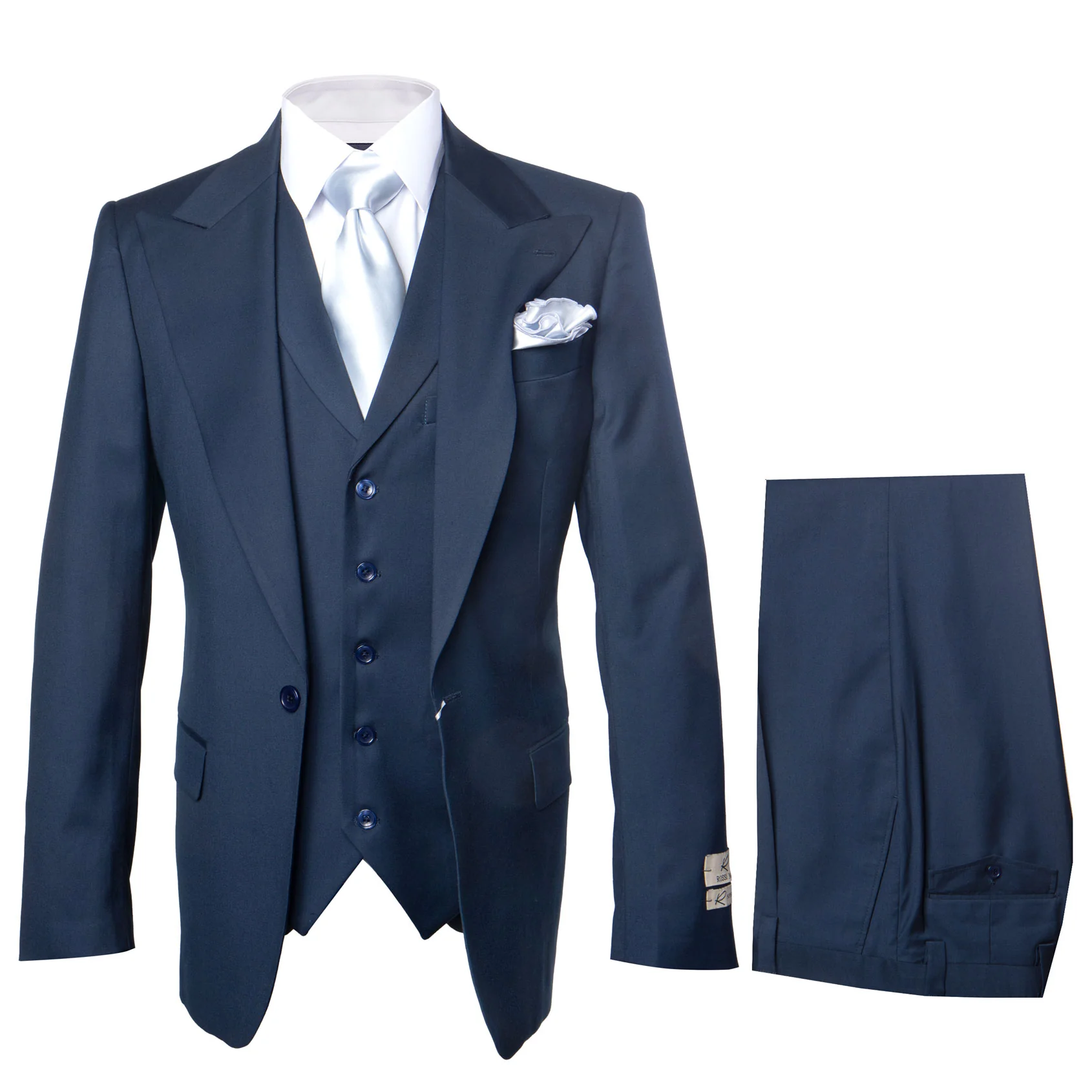 Suits With Baggy Pleated Pants - Wide Leg Pants 100% Wool - Classic Fit in Navy Single Breast Lapel by Rossiman - 38 Regular
