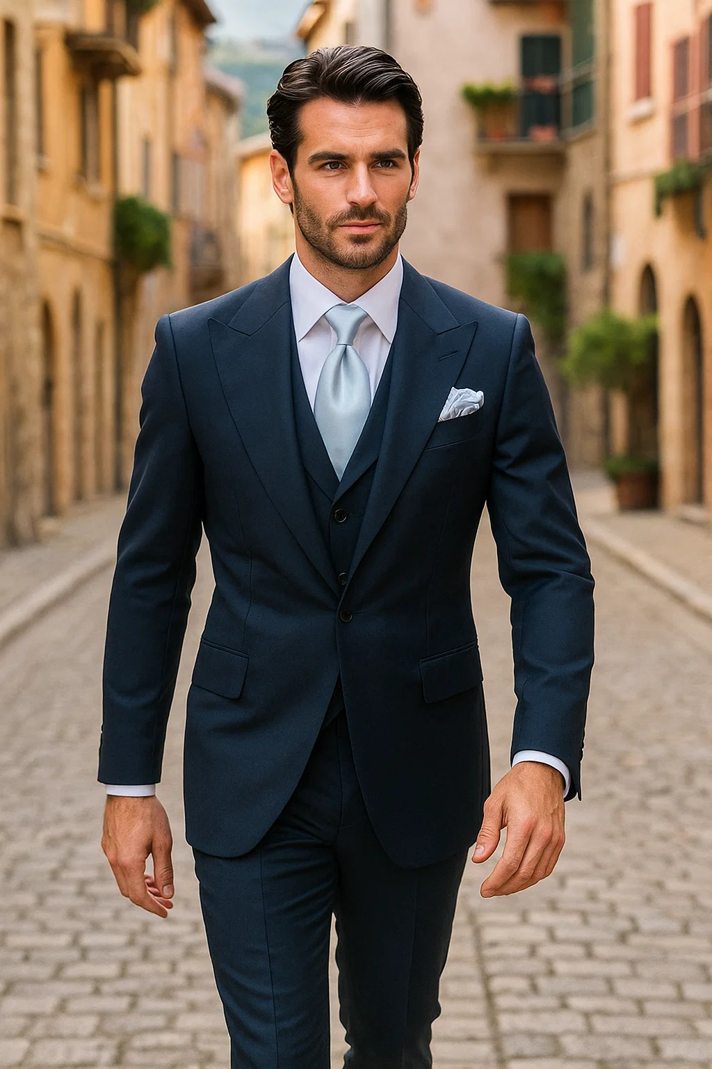 Suits With Baggy Pleated Pants - Wide Leg Pants 100% Wool - Classic Fit in Navy Single Breast Lapel by Rossiman - 38 Regular