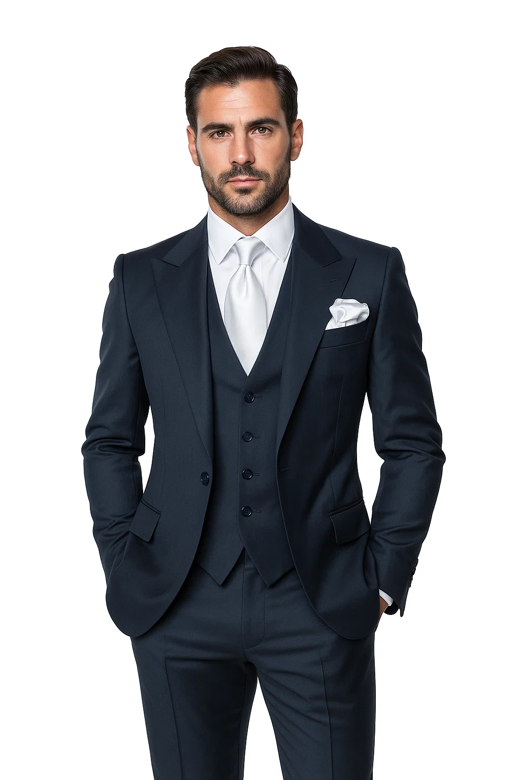 Suits With Baggy Pleated Pants - Wide Leg Pants 100% Wool - Classic Fit in Navy Single Breast Lapel by Rossiman - 38 Regular
