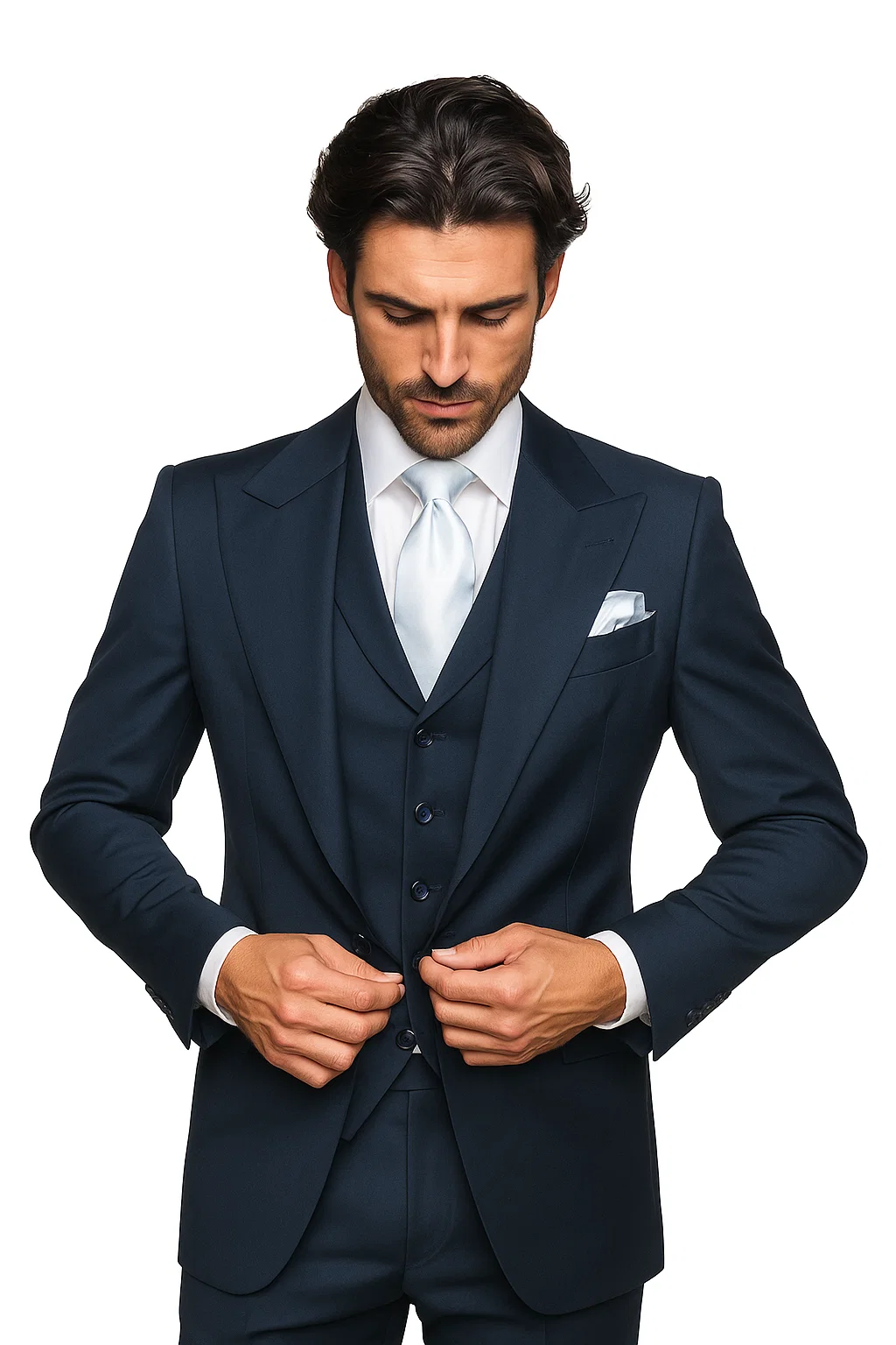 Suits With Baggy Pleated Pants - Wide Leg Pants 100% Wool - Classic Fit in Navy Single Breast Lapel by Rossiman - 38 Regular