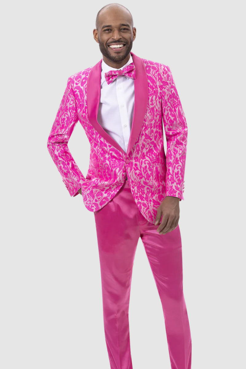 Mens Slim Fit Two Piece Brocade Paisely Prom Tuxedo in Hot Pink Fuschia - Pink