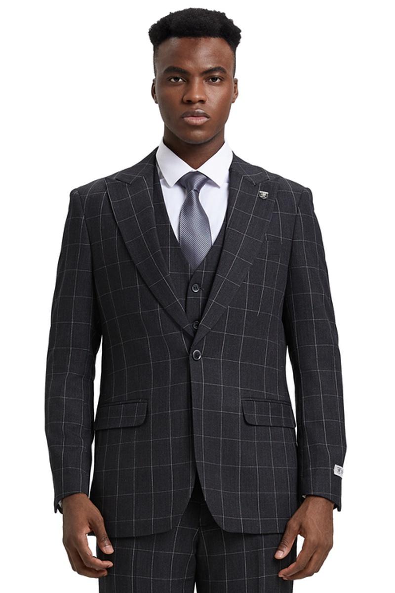 Men's Stacy Adams Vest Classic Bold Windowpane Suit in Dark Charcoal Grey - 38 Regular