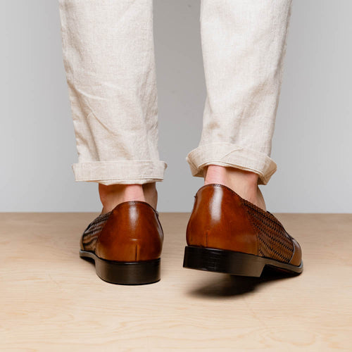 Zelli Nicola Handwoven Italian Calfskin Penny Loafers in Cognac