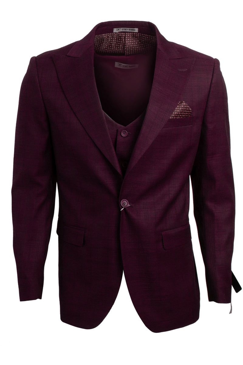 "Stacy Adams Men's Glen Plaid Suit - One Button Vested Peak Lapel in Burgundy"
