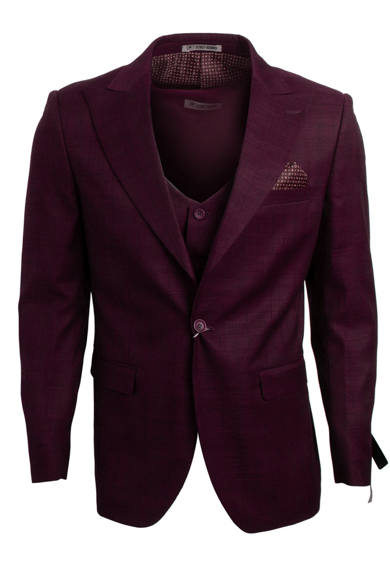 "Mens Stacy Adams Suit - Stacy Adams Suit Men's Glen Plaid Suit - One Button Vested Peak Lapel in Burgundy" - 34 Regular
