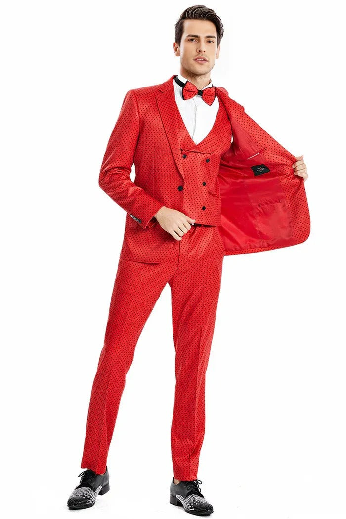 "Men's Red & Black Mini Polka Dot One Button Prom 2025 Suit" - 34 Short