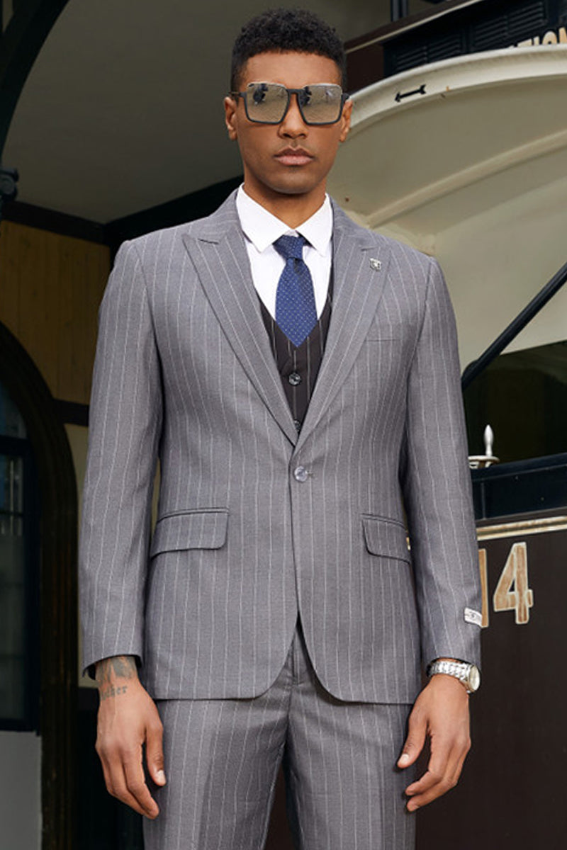 "Mens Stacy Adams Suit -Stacy Adams Men's Modern Grey Pinstripe Vested Suit - One Button" - 34 Short