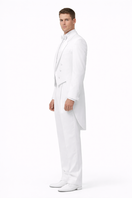 Notch Collar 6 Buttons Pleated Pants Six button Full Dress Formal Tuxedo Tailcoat in Solid Snow All White Suit For MenSatin facing-New Designer Collection